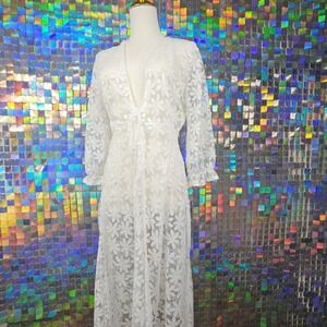 Ember Floral Lace Duster Cardigan Womens Medium White Sheer Tie Front Maxi Boho